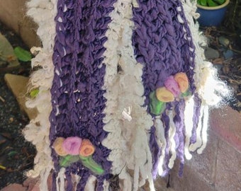 Wooly Locks Scarf or Shoulder Cozy - Hand Spun, Hand Knit, Purple & White Slubby Art Yarn with Needle-Felted Roses with Wood Scarf Pin
