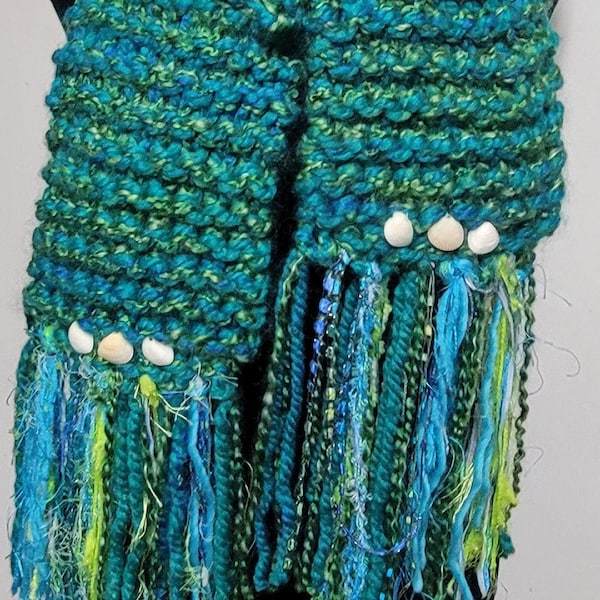 Mermaid Waters - Hand Knit Turquoise Blue & Emerald Green Scarf with Shell Adornments and Shimmering Trim Fringe