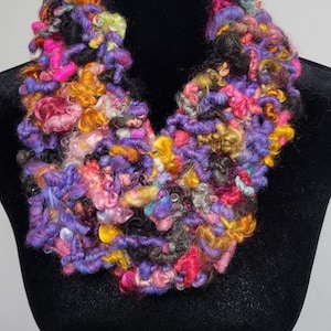 Hand-Spun Wool Locks Hand-Knit Multi-Color Mardi Gras Fiesta Cowl Scarf