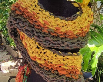Hand Spun Hand Knit Scarf Shoulder Cozy, Merino Wool, Rasta One Love Colors, Recycled Sari Silk Ribbon Trims, Yellow, Orange, Green Art Yarn