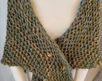 Hand-Knit Triangle Shawl in Garden Green with Color Flecks of Blue & Peach