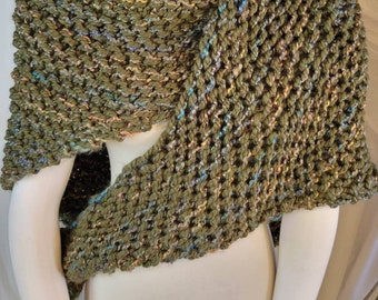 Hand-Knit Triangle Shawl in Garden Green with Color Flecks of Blue & Peach