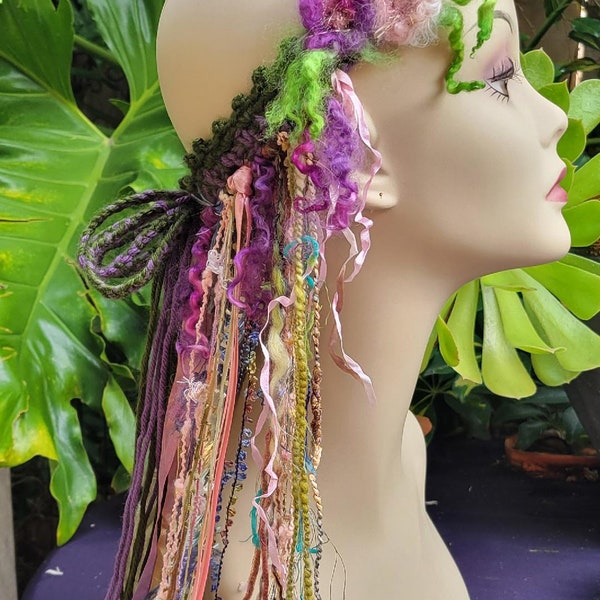 Enchanting Fairy Headdress, Crown, Head Piece, Hand Crocheted, Head Wreath, Tiara, Needle-Felted Flowers, Ribbons & Trims, Renn Faire Wear