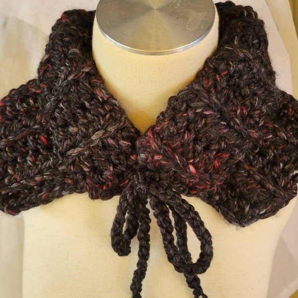 Hand Crocheted Neck Warmer Collar, Black with Charcoal & Crimson Flecks