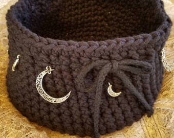 Black 100% Cotton Hand Crocheted Basket with Lunar Moon Silver Charms