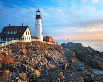 Photo Print, Portland Head Lighthouse, Maine, Seacoast Photography, Sunrise, Cape Elizabeth, New England, Nautical Home Decor