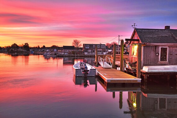 Photo Print, Portsmouth South End, New Hampshire, Seacoast Photography, Sunrise, Fishing Boat, New England, NH, Nautical Home Decor