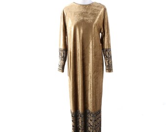 1970's Ruth Norman Long Sleeve Hostess Dress/Caftan Gold Velvet Black Burnout Border SMALL