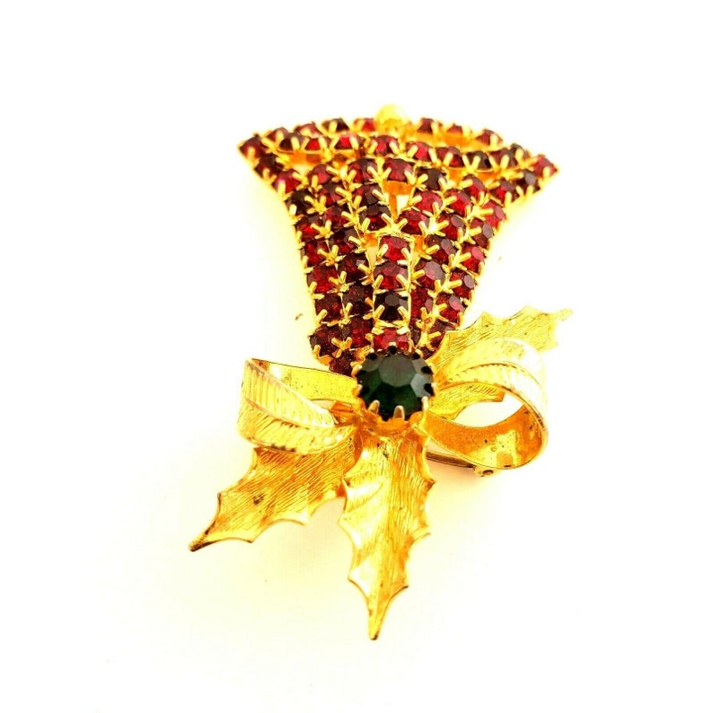 Hobe Red Rhinestone Christmas Bell Brooch Pin Gold Tone Bow Signed VTG 1965
