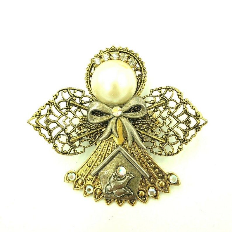 Filigree Angel Pins Stamped Metal Faux Pearl Rhinestone Set of Etsy