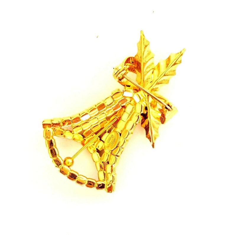 Hobe Red Rhinestone Christmas Bell Brooch Pin Gold Tone Bow Signed VTG 1965