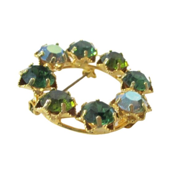 Karu Arke Green Rhinestone Circle Pin Gold Tone S… - image 3