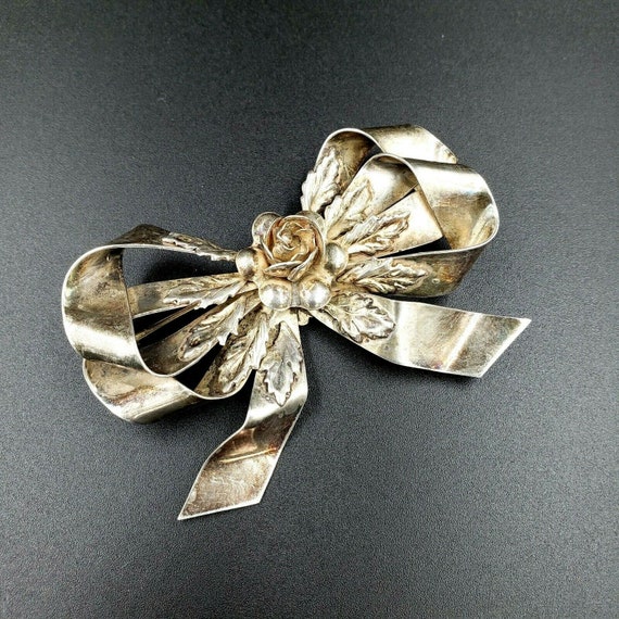 Hobé Large 1940s Sterling Silver Floral Bow Brooch - image 10