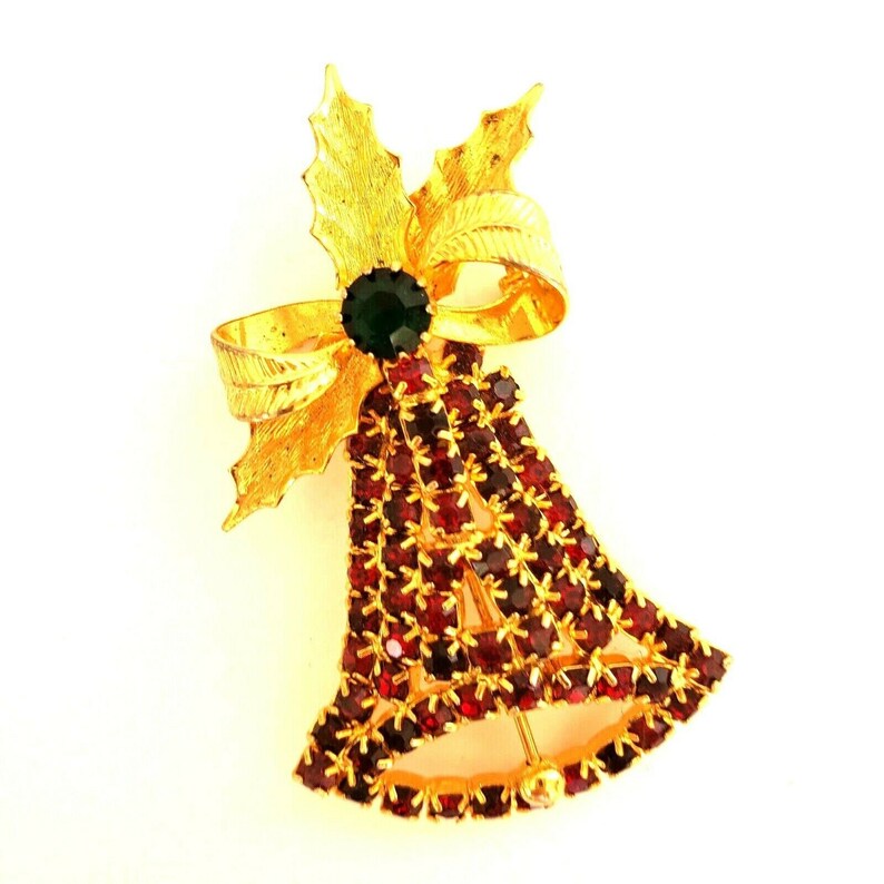 Hobe Red Rhinestone Christmas Bell Brooch Pin Gold Tone Bow Signed VTG 1965