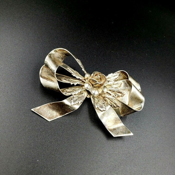 Hobé Large 1940s Sterling Silver Floral Bow Brooch - image 4