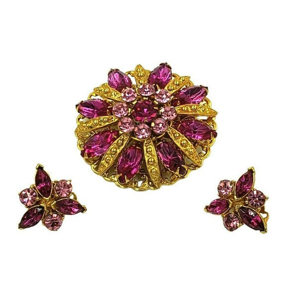 Vintage Pink Rhinestone Brooch Earring Set Fuschi… - image 5