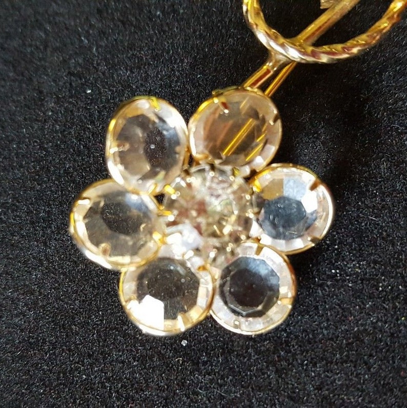 Vintage Unsigned Crystal Flower Pin Open Back Setting Rhinestone Gold Tone Stem