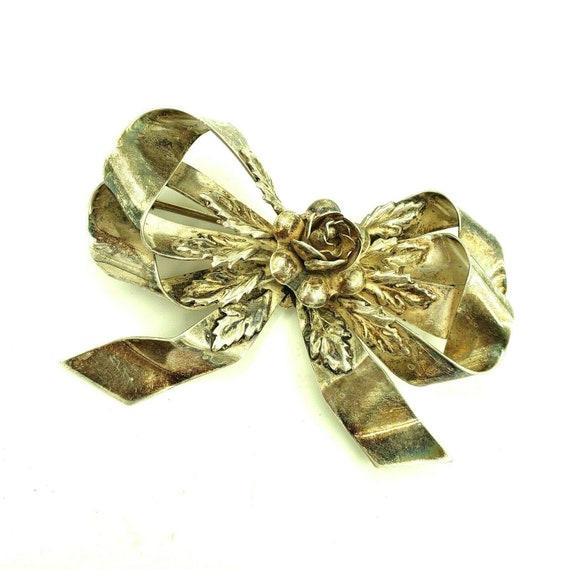 Hobé Large 1940s Sterling Silver Floral Bow Brooch - image 7