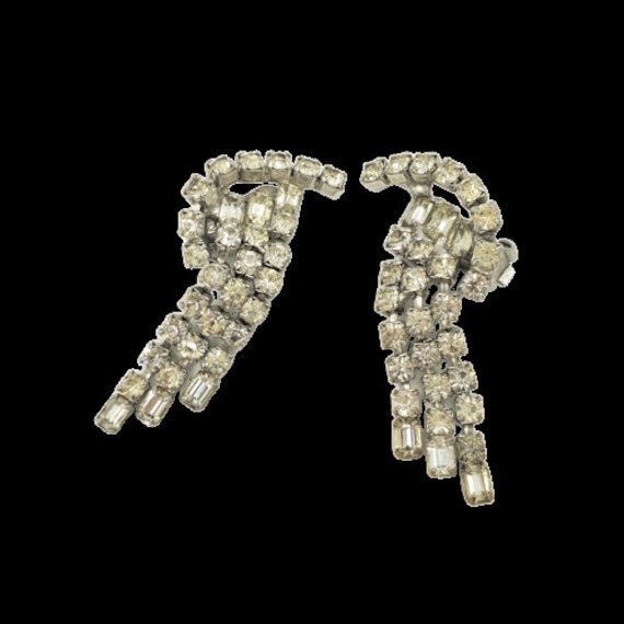 KRAMER Clear Rhinestone Clip On Earrings Dangle C… - image 1