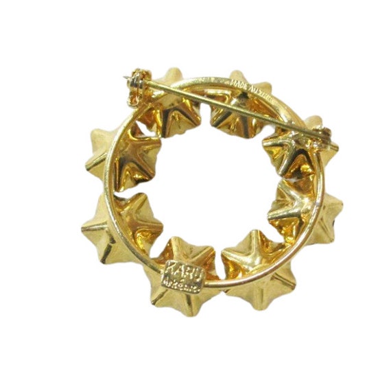 Karu Arke Green Rhinestone Circle Pin Gold Tone S… - image 5