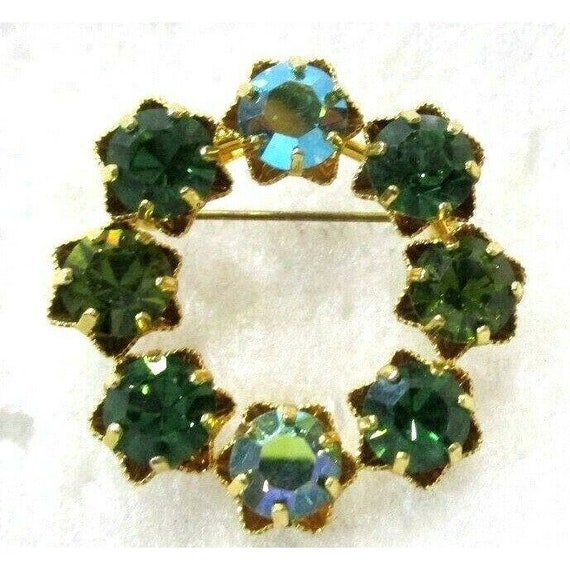 Karu Arke Green Rhinestone Circle Pin Gold Tone S… - image 2