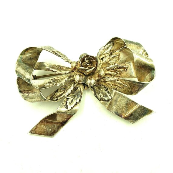 Hobé Large 1940s Sterling Silver Floral Bow Brooch - image 9