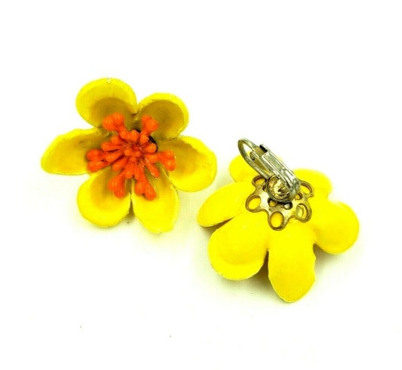 Vintage Yellow Orange Plastic Flower Clip On Earr… - image 4