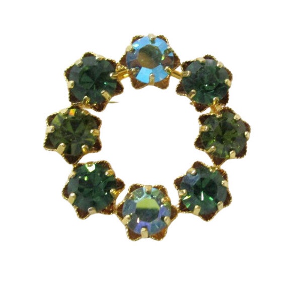 Karu Arke Green Rhinestone Circle Pin Gold Tone S… - image 4