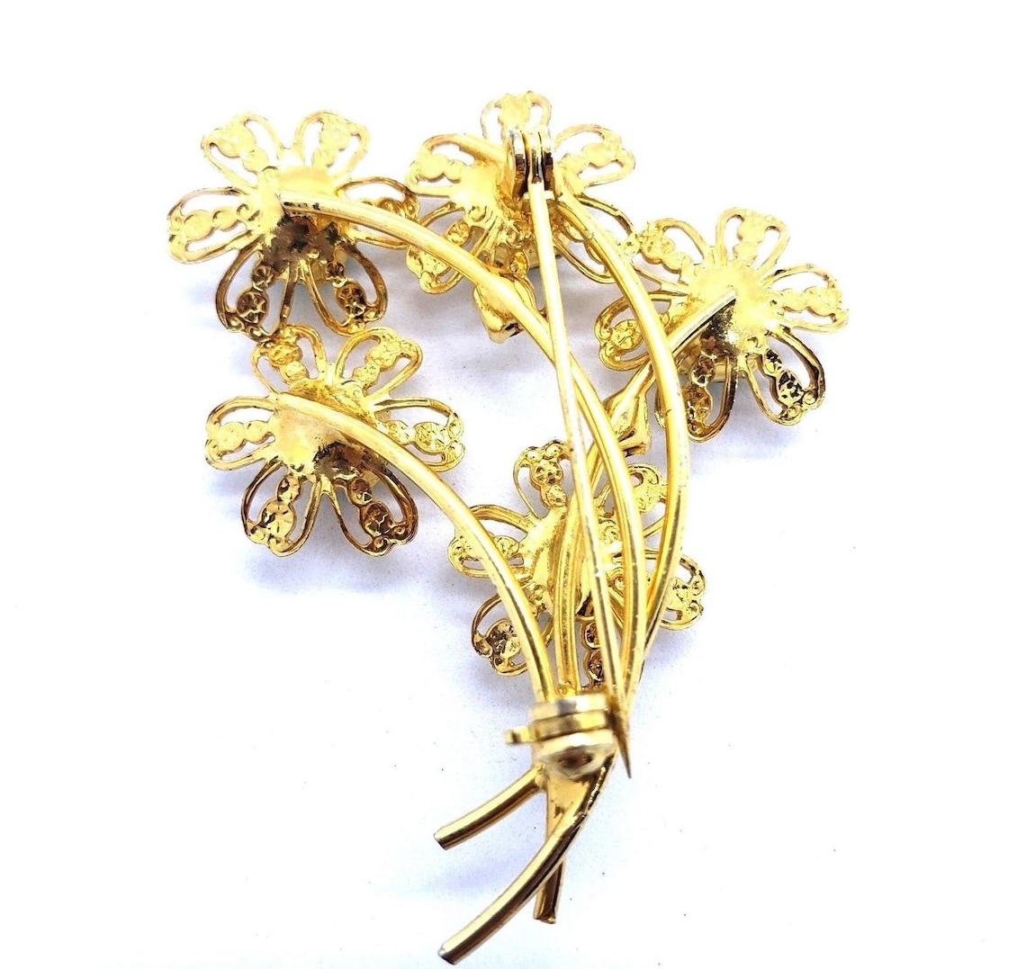 Vintage Rhinestone Floral Spray Pin Brooch Gold Tone Bright | Etsy