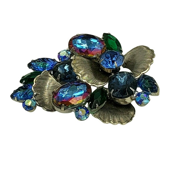 Vintage Rhinestone Brooch Blue Purple Silver Tone… - image 3