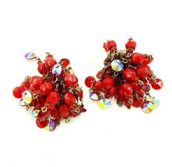 Hobé Red Bead Cluster Dangle Earrings Clip On Auro
