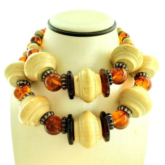 Cadoro 15" Necklace Choker Chunky Wood Faux Amber 