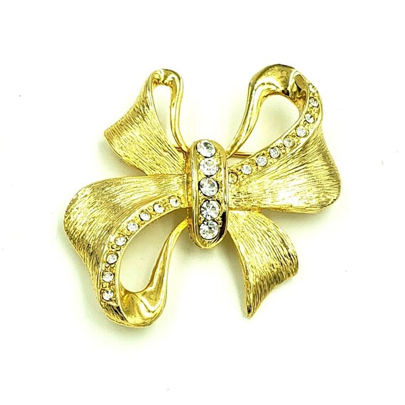 Lady Remington Rhinestone Gold Tone Bow Brooch Rh… - image 2