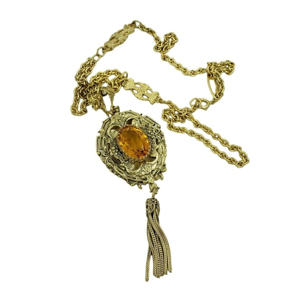 Whiting and Davis Topaz Colored Pendant Necklace Tassel Gold Tone Vintage