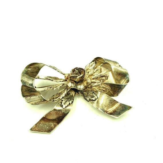 Hobé Large 1940s Sterling Silver Floral Bow Brooch - image 3