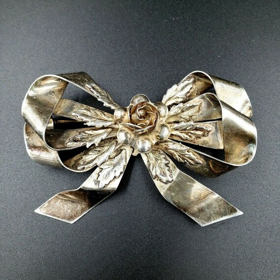 Hobé Large 1940s Sterling Silver Floral Bow Brooch - image 2