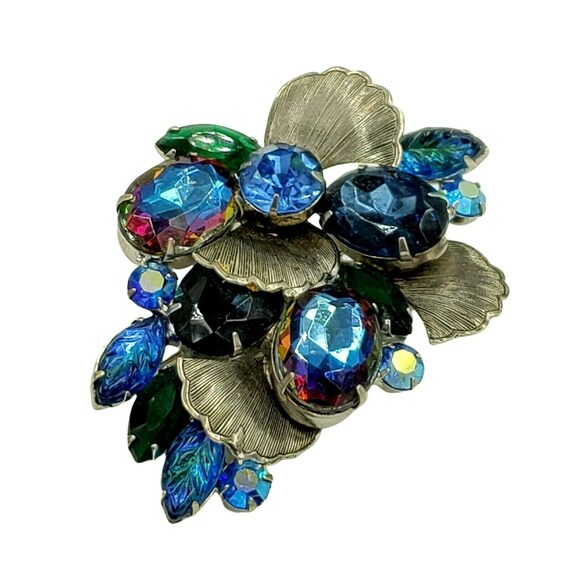 Vintage Rhinestone Brooch Blue Purple Silver Tone… - image 2