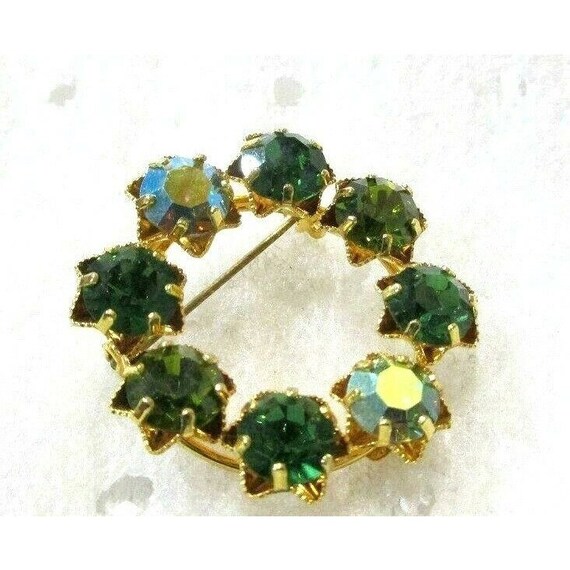 Karu Arke Green Rhinestone Circle Pin Gold Tone S… - image 7