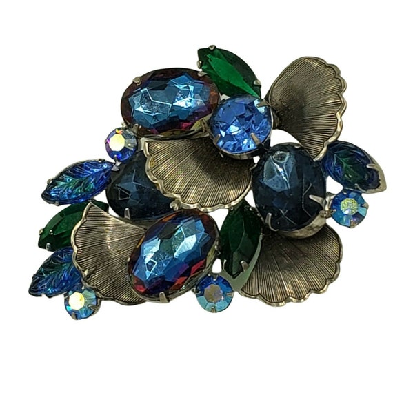 Vintage Rhinestone Brooch Blue Purple Silver Tone… - image 6