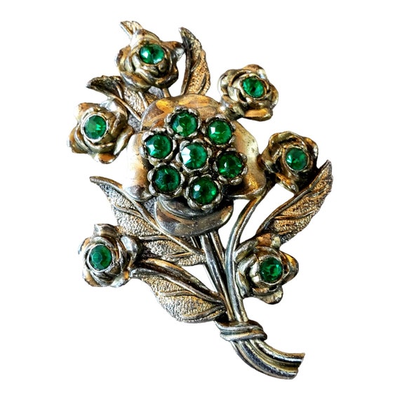 Vintage Little Nemo Green Rhinestone Brooch Flowe… - image 1