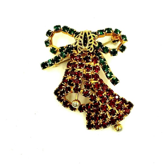 Hobe Red Rhinestone Christmas Bell Brooch Pin Gold Tone Bow Signed VTG 1965