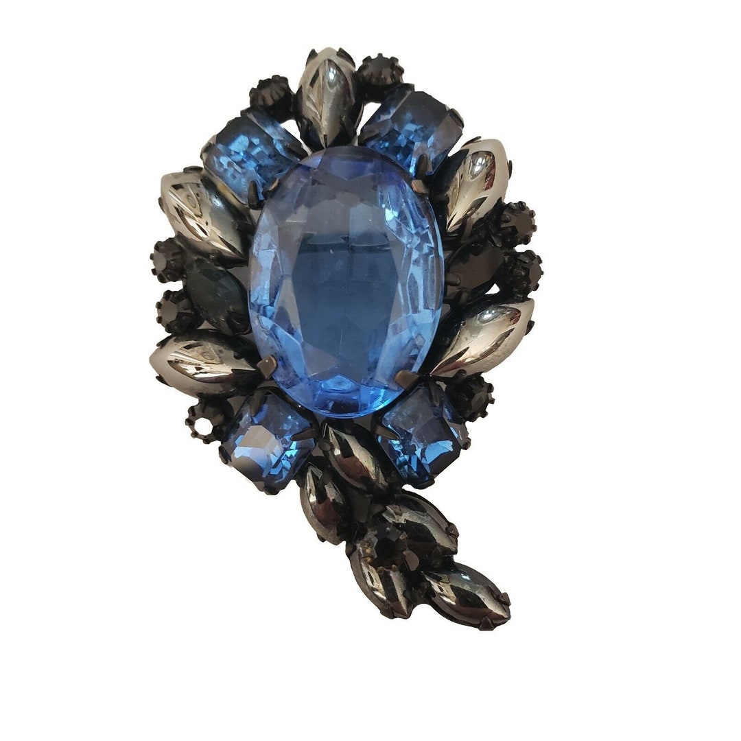 Vintage Weiss Japanned Brooch Blue Rhinestone Hematite Signed Mid Century Etsy