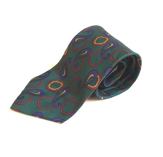 Burberrys of London Silk Necktie Green Red Gold P… - image 1