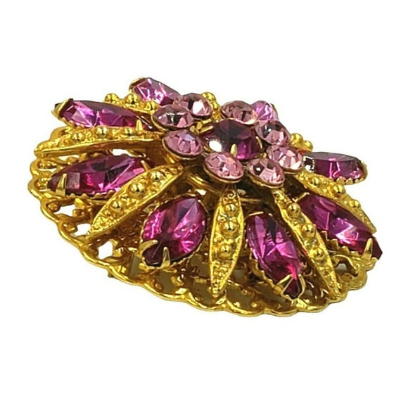 Vintage Pink Rhinestone Brooch Earring Set Fuschi… - image 4