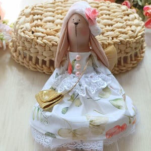 Handmade Bunny Doll – 30 cm (11.8 in), Soft Fabric Rabbit in Floral Dress ,  Nursery Decor Gift