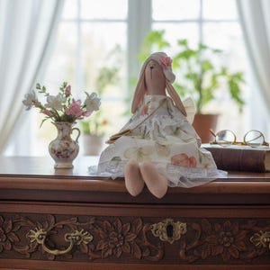 Handmade Bunny Doll – 30 cm (11.8 in), Soft Fabric Rabbit in Floral Dress ,  Nursery Decor Gift
