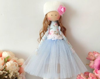 blaue Ballerina Puppe, Heirloom Stoffpuppe, Puppengeschenk für Mädchen, Stoffpuppe, Sammlerpuppe, braune Haarpuppe, weiche Puppe, Interior Rag Doll