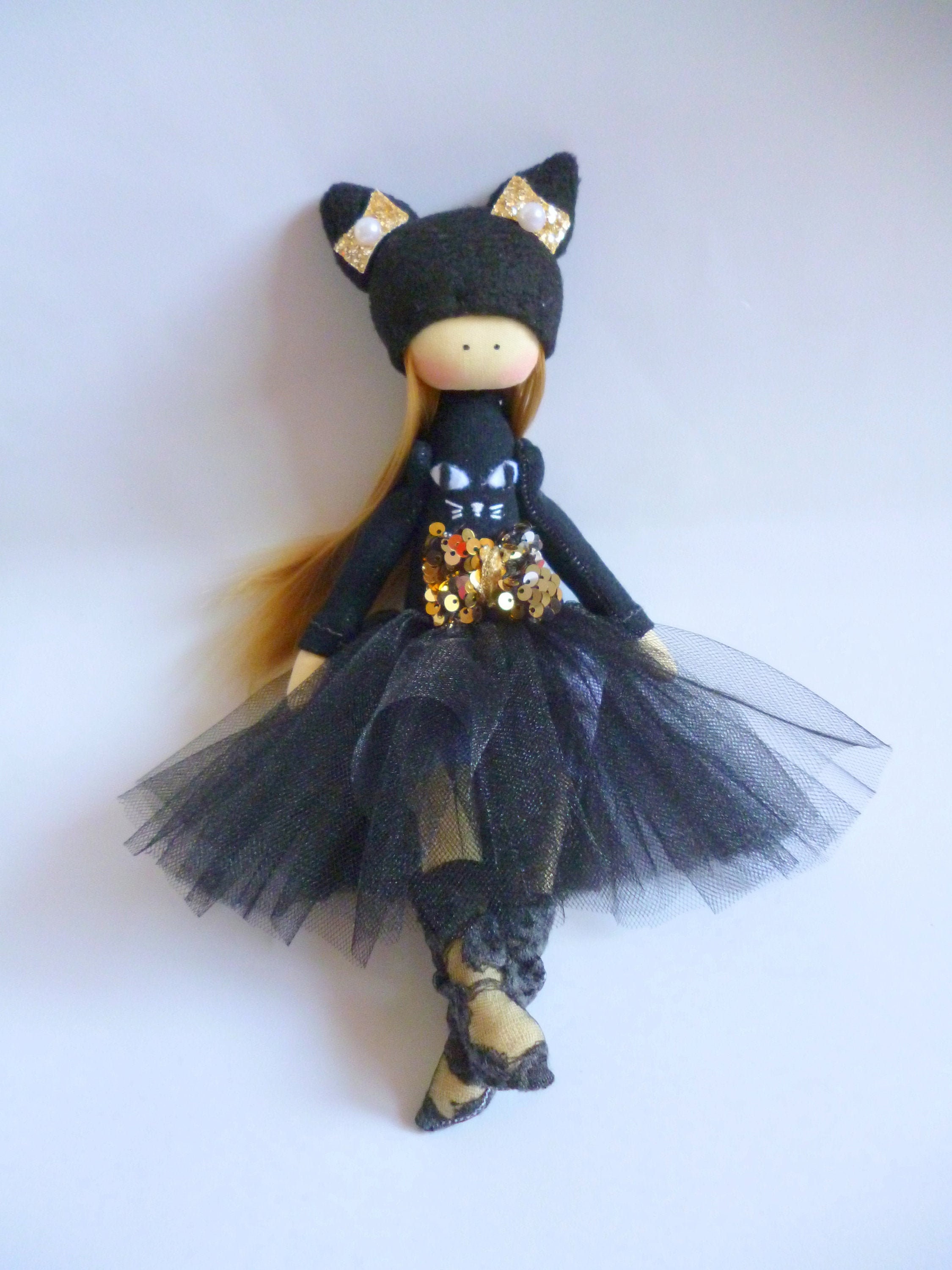 creative fabric doll, perfect gift, cat, Textile doll, doll in a full skirt, Cloth doll, Rag Doll, magic doll, ballerina Doll, fairy doll,