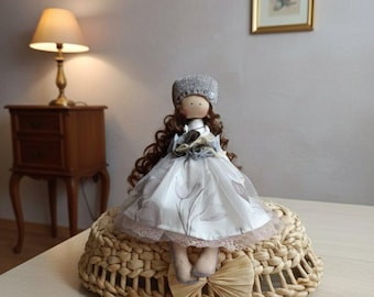 Handmade Textile Doll 30 cm, Soft Cloth Art Doll with Curly Hair and Floral Dress , Collectible Interior Fabric Doll, Nursery Decor Gift