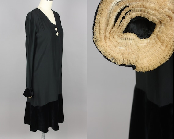 1920s Black Matte Silk & Silk Velvet Dress · Vint… - image 2